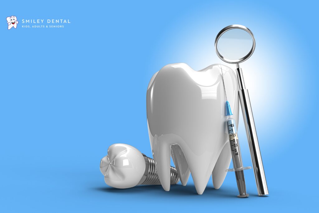 3D illustration of a natural tooth, dental implant, syringe, and dental mirror representing dental implant treatment at Smiley Dental Boston