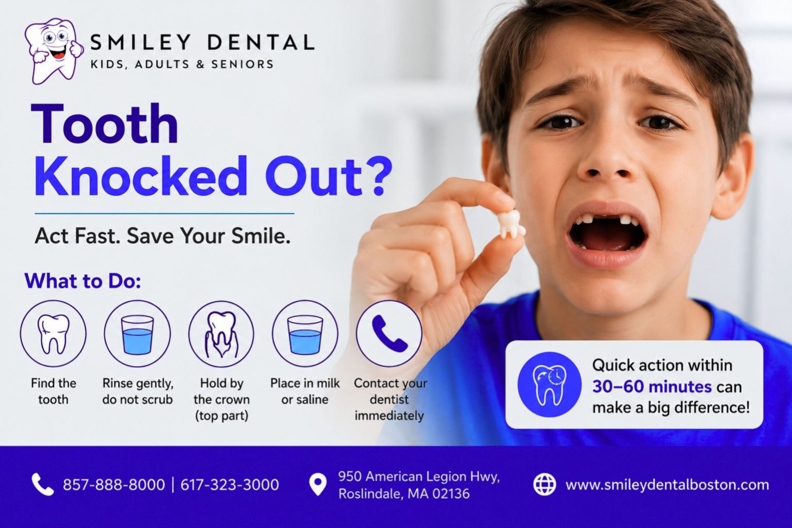 Smiley Dental Boston infographic: what to do if a tooth gets knocked out, showing 5 steps including hold by the crown, place in milk, and call your dentist immediately
