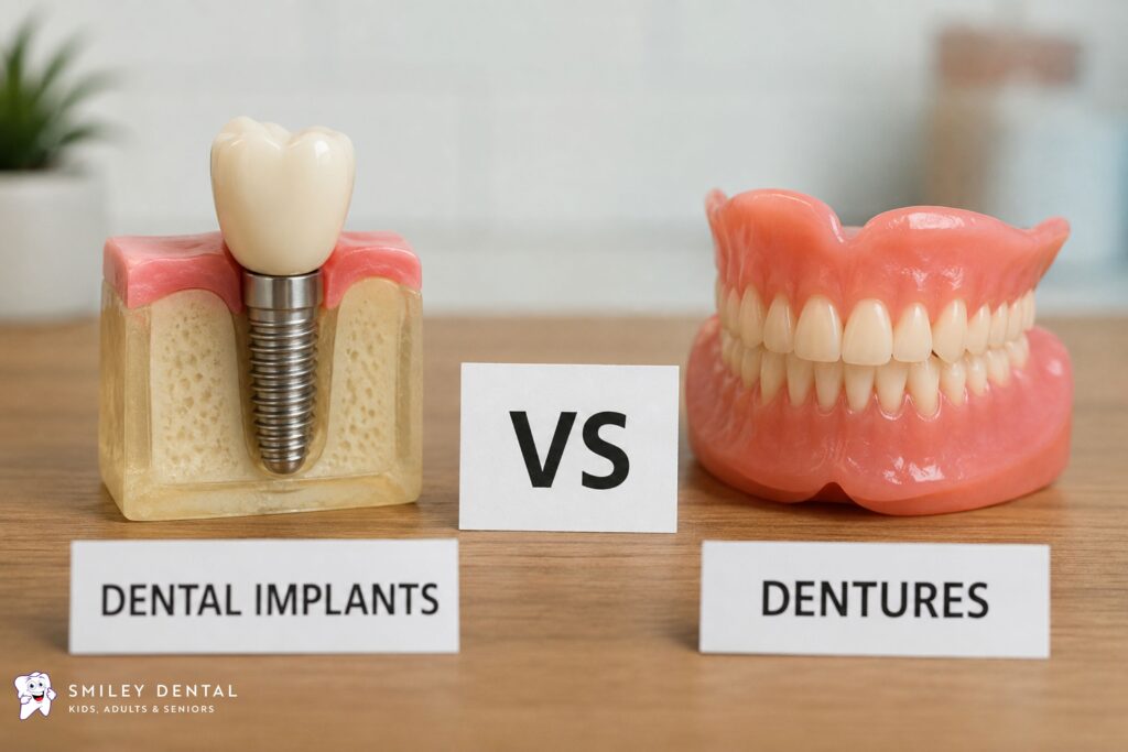Dental implant model next to a full denture set, comparing tooth replacement options for seniors