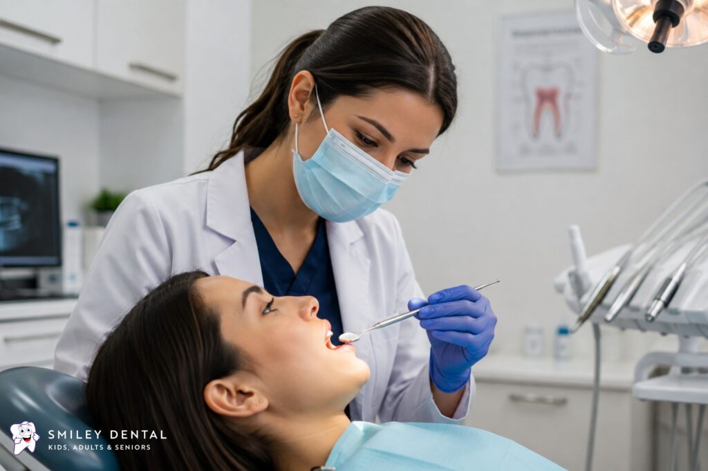 Dentist examining a patient's teeth with a dental mirror during an emergency dental visit in Boston