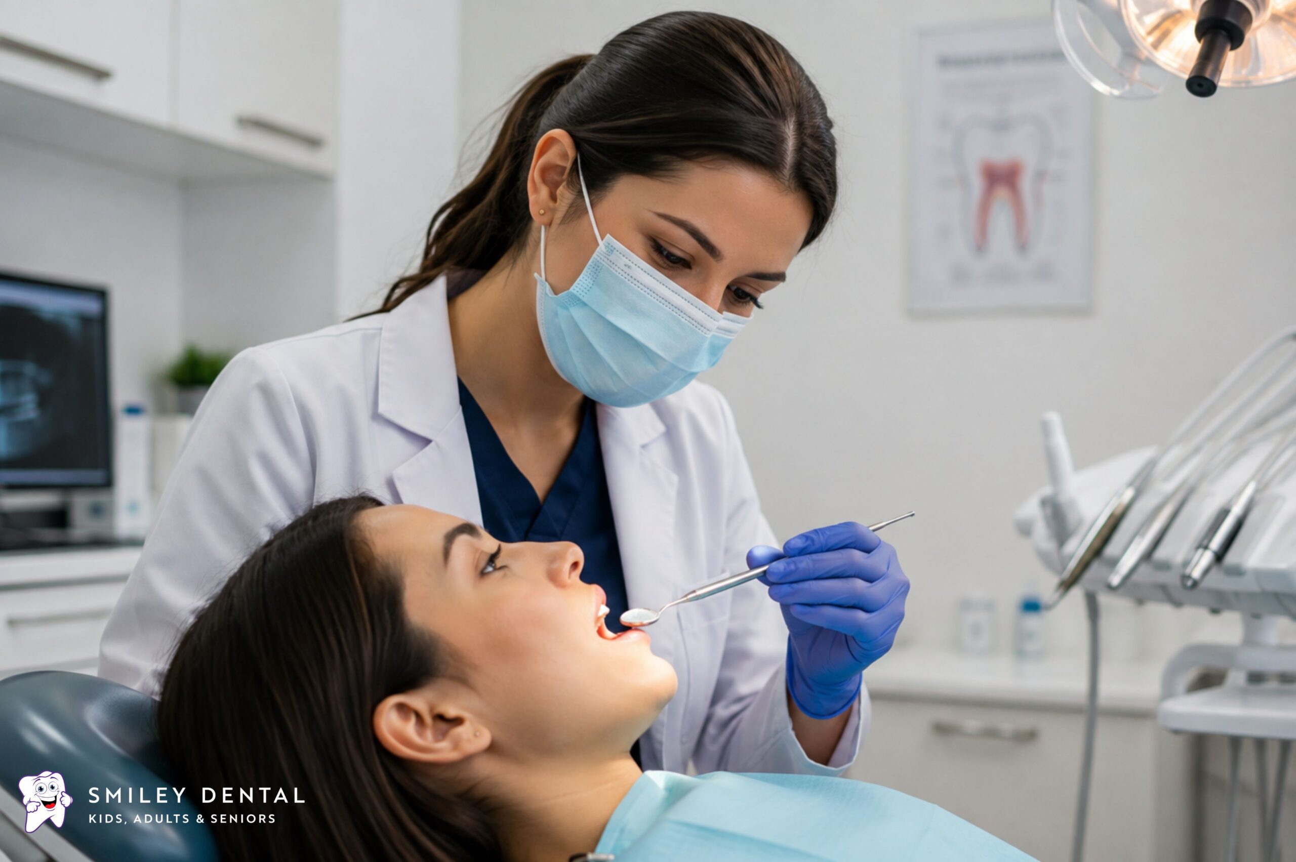 Dentist examining a patient's teeth with a dental mirror during an emergency dental visit in Boston
