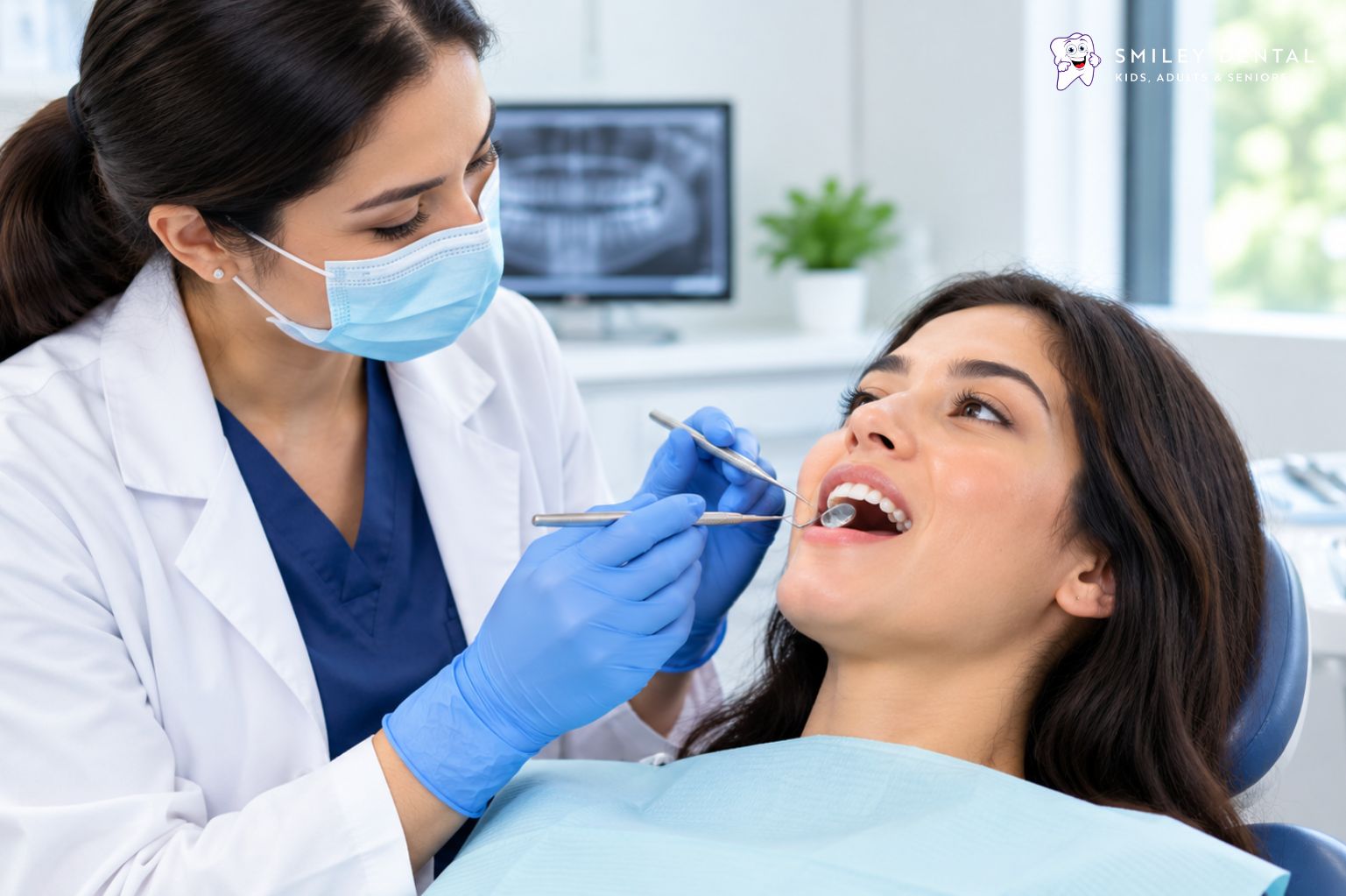 Dentist examining a patient for possible causes of persistent bad breath