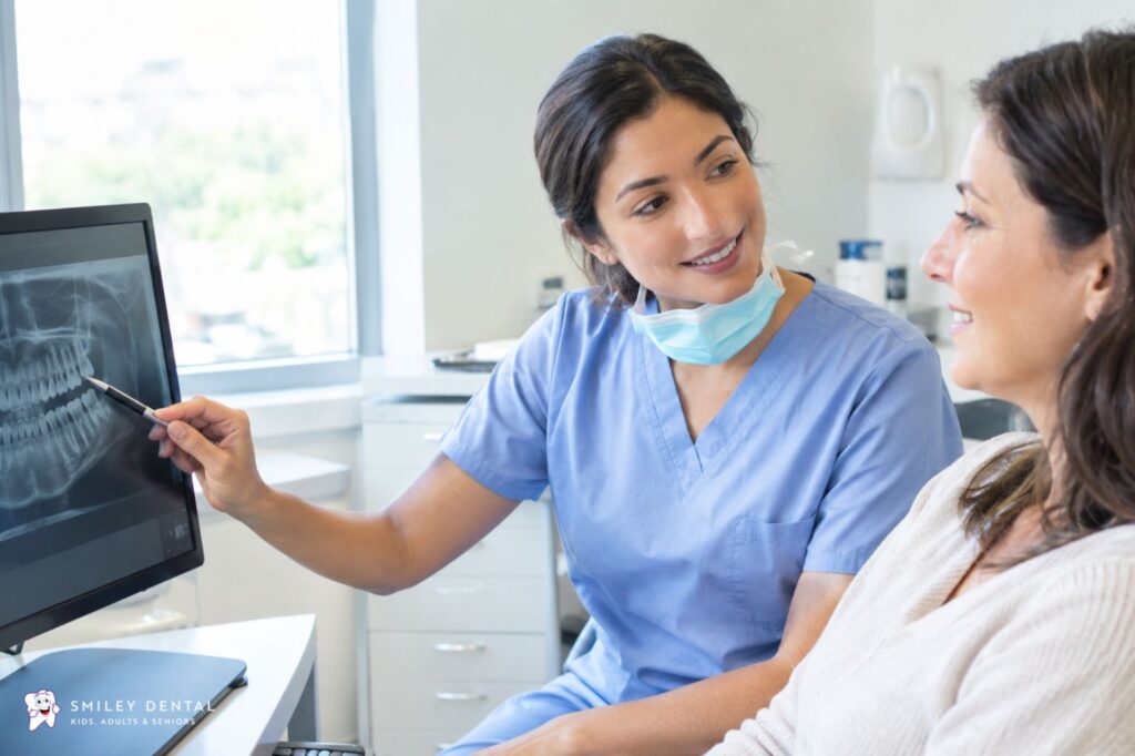 Dentist explaining the difference between regular dental cleaning and deep cleaning