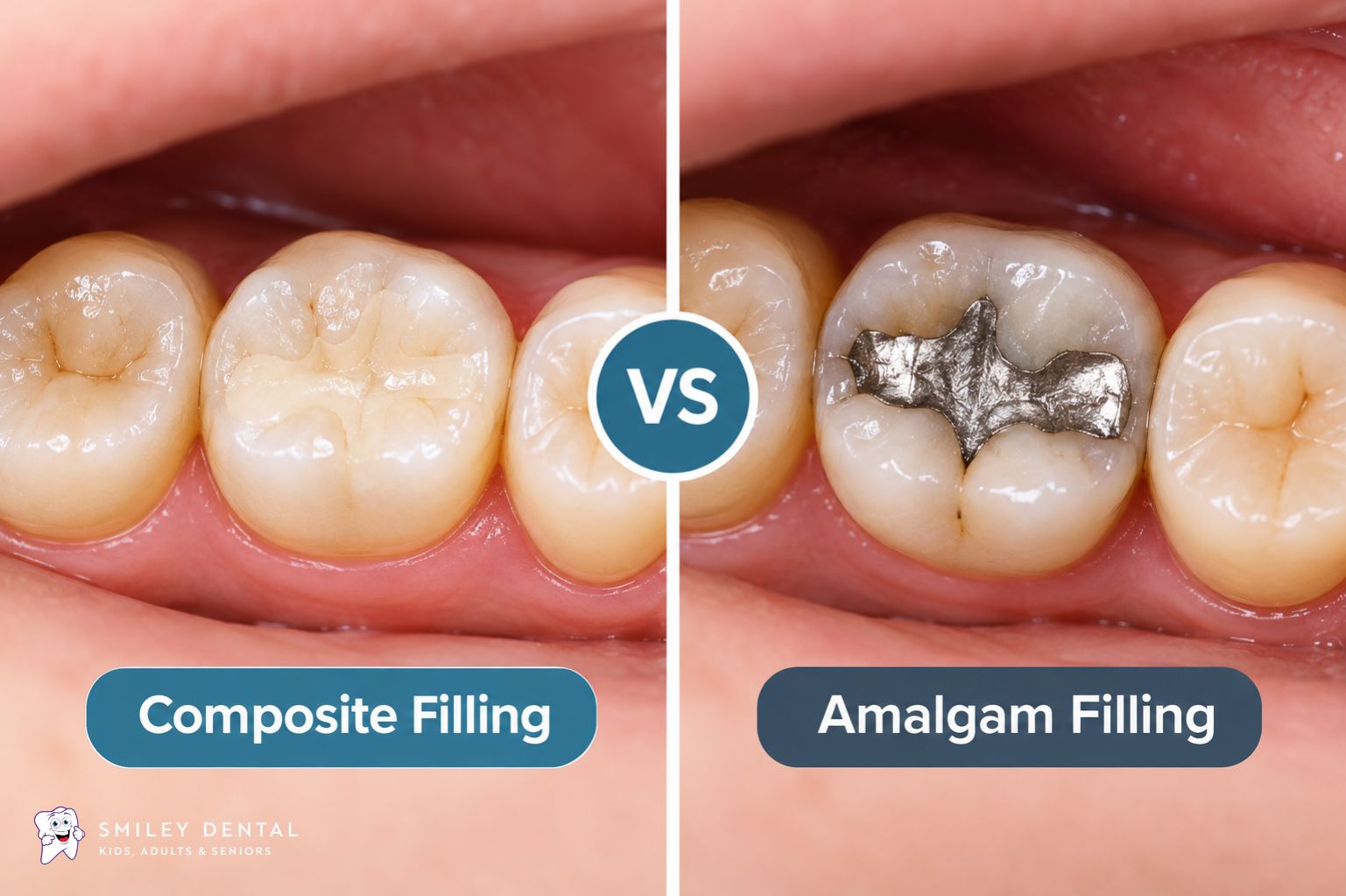 Composite vs amalgam fillings comparison showing a tooth with each type of dental filling
