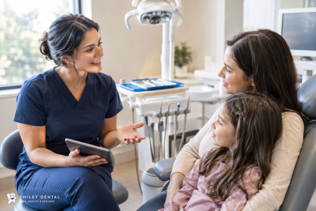 Dentist discussing family dental care with parents and child