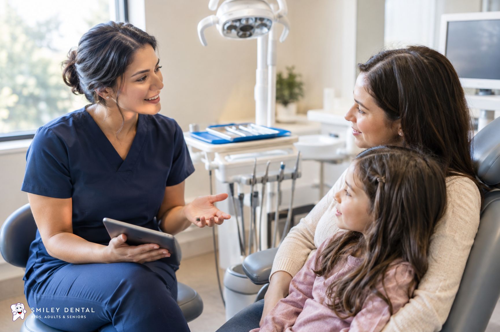 Dentist discussing family dental care with parents and child