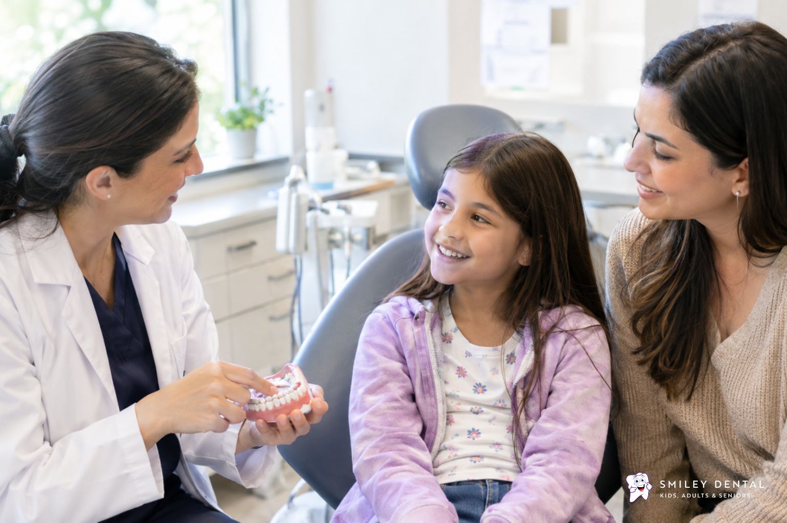 Dentist showing a teeth model to a child and her mother during a consultation