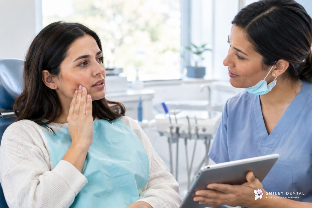 Dentist discussing cold tooth sensitivity with an adult patient