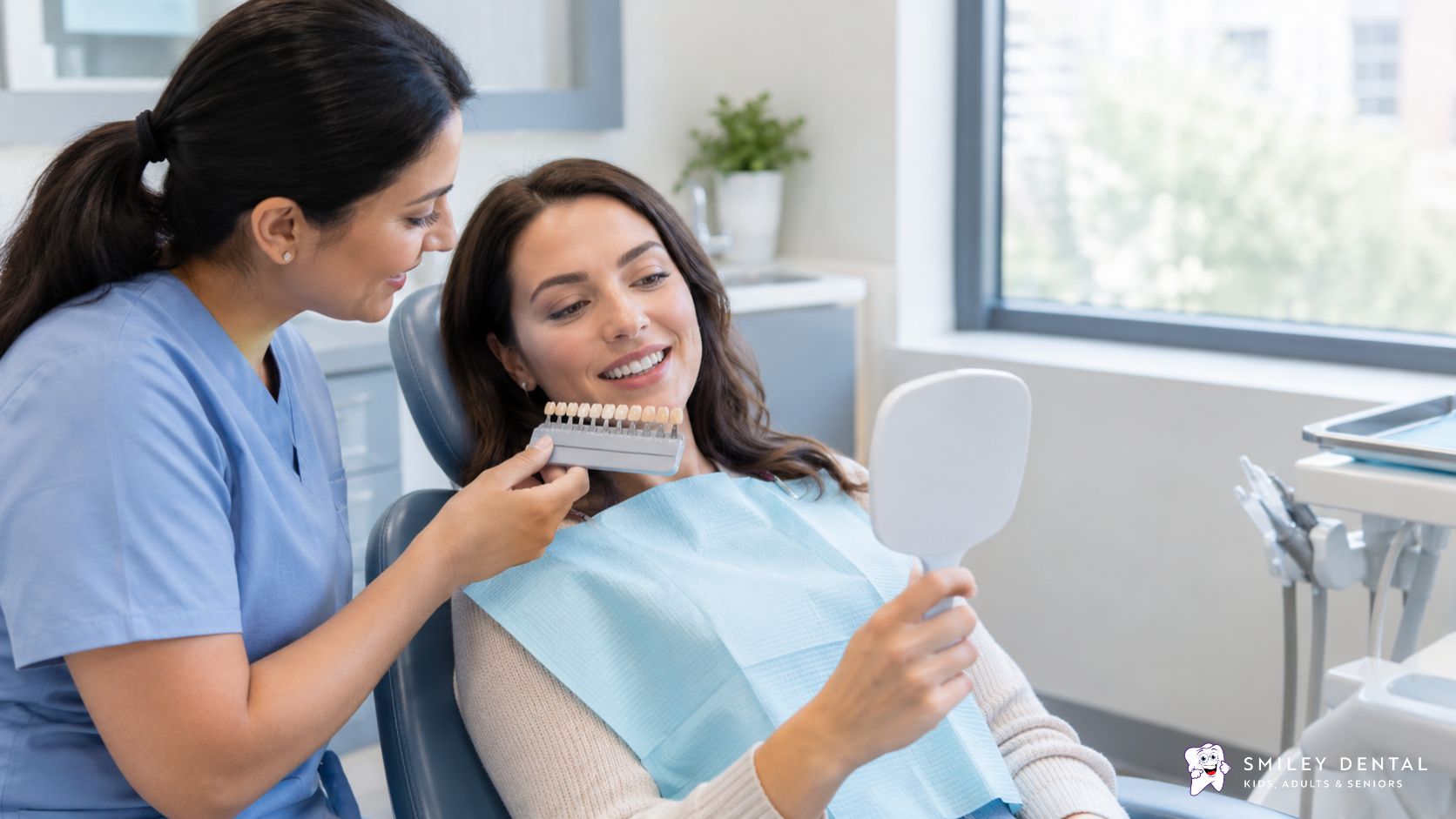 Dentist discussing possible causes of yellow teeth with an adult patient”. Isme se Boston ya keyword stuffing se bachein